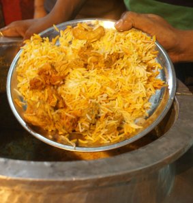 A palce of chicken biryani from a street vendor in New Delhi.