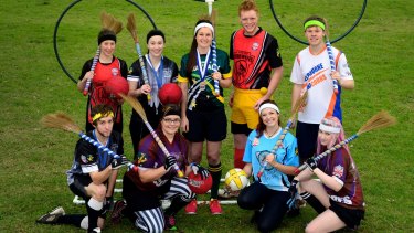 Members of the Victorian Quidditch Association demonstrate how to play the game that is featured in the Harry Potter books.