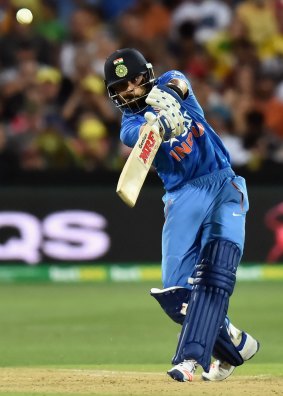 Brilliant form ... Virat Kohli of India lashes out on his way to 90 off 50 balls during the Twenty20 International at Adelaide Oval.