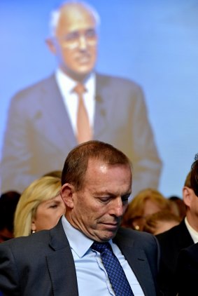Tony Abbott listens as Malcolm Turnbull launches the 2016 election campaign.