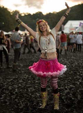 A festival goer expresses her happiness during Splendour in the Grass on July 26, 2015 in Byron Bay.
