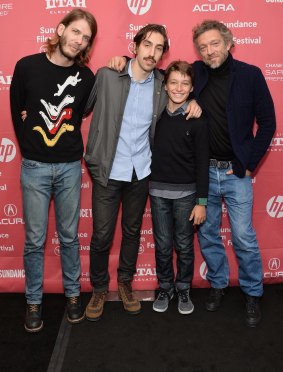 Programmer Charlie Reff, director Ariel Kleiman and actors Jeremy Chabriel and Vincent Cassel at the "Partisan" premiere in Sundance.