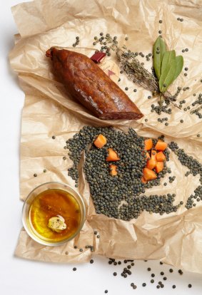 Lentils, carrots, olive oil and Saucisse de Morteau.