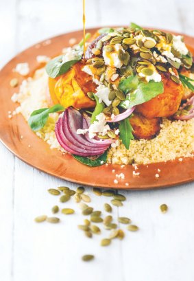 Right recipe: Roasted vegetables on couscous with Moroccan dressing.