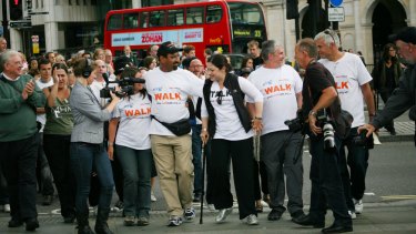 In Trafalgar Square on the final stretch of a 430-kilometre walk for peace in 2008.