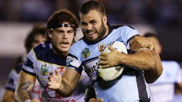 Shark on the run: Wade Graham on the burst against the Cowboys at Southern Cross Group Stadium.