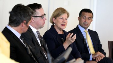 Marriage equality advocate Rodney Croome, Qantas chief executive Alan Joyce, businesswoman Ann Sherry and SBS chief executive Michael Ebeid at a Q&A breakfast in support of same sex marriage.