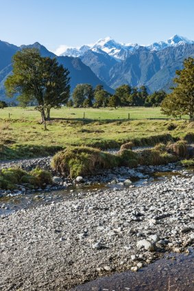 Mount Tasman and Mount Cook dominate a classic bit of Kiwi scenery – translucent river, hillsides tangled with rainforest and bare tussock-covered mountain tops above.