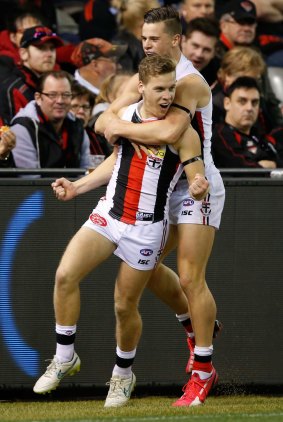 Jack Lonie (left) and Jack Sinclair of the Saints celebrate a goal.