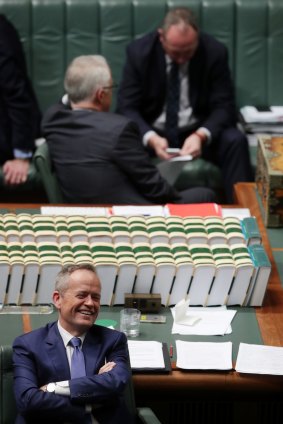 Opposition Leader Bill Shorten is all smiles in Parliament as Prime Minister Malcolm Turnbull and Deputy Prime Minister Barnaby Joyce talk during a vote.