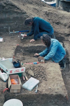 Museum paleontologists work at the Cerutti Mastodon site in San Diego in 1993.