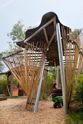 The Swinburne cubby translates the sketchiness of a child's line into bamboo poles strapped by bicycle tubes to a steel frame. 
