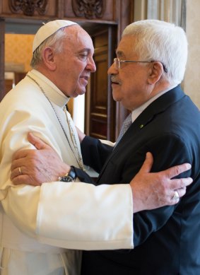 Pope Francis with the president of the Palestinian authority Mahmoud Abbas at the Vatican on Saturday. 