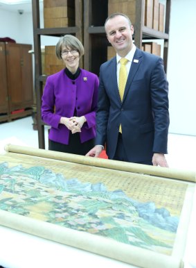 Chief Minister Andrew Barr and National Library of Australia director-general Anne-Marie Schwirtlich with one of the works.