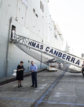 Prime Minister Malcolm Turnbull and Defence Minister Marise Payne at a press conference alongside HMAS Canberra in March.