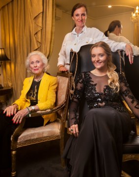 Lady (Primrose) Potter (left), Countess Primrose Krasicki and debutante Zofia Krasicki at Oglia-Loro Couture in South Yarra.