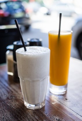 Banana coconut smoothie (left) and mango passionfruit peach juice.
