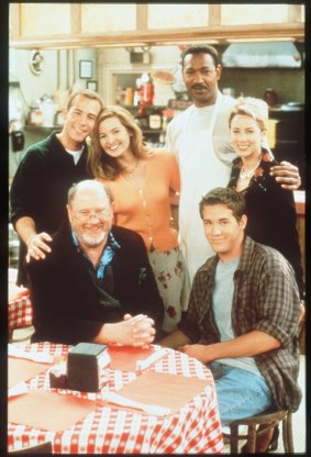 The cast of Two Guys, a Girl and a Pizza Place. The TV series later shortened its name to Two Guys and a Girl. 