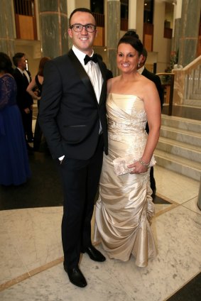 Independent Senator Jacqui Lambie and son Brentyn Milverton arrive for Midwinter Ball at Parliament House in Canberra 2015. 
