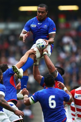 Teofilo Paulo wins a lineout for Samoa.