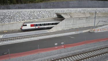 A test train drives close to the northern gate near Erstfeld, Switzerland. 