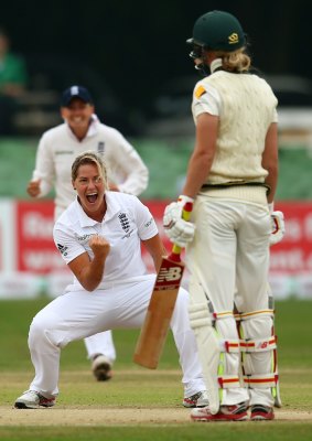 England's Katherine Brunt celebrates taking the wicket of Southern Stars captain Meg Lanning.