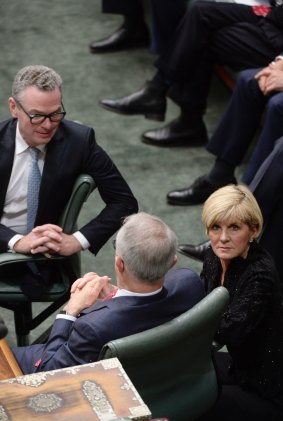Christopher Pyne, Malcolm Turnbull and Julie Bishop during the citizenship debate in the House of Representatives on Wednesday.