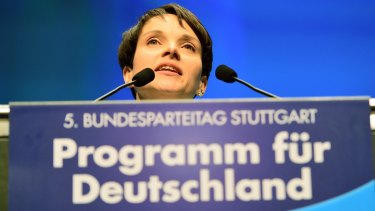 Frauke Petry, head of the AfD political party, speaks at the convention.