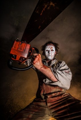 "Saw" wields his chainsaw ready for arrival for 1000 horror fan campers. 