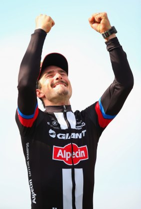 German John Degenkolb of Team Giant-Alpecin celebrates his second Monument of the season after claiming Paris-Roubaix to add to his Milan-San Remo title.
