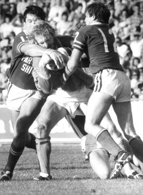 Canberra prop John McLeod on the rampage against Newton at Seiffert Oval on April 18, 1982. The Raiders won 12-11 to secure their first premiership victory.