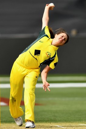 Australia's Molly Strano bowls during the second Women's International Twenty20 match against New Zealand.
