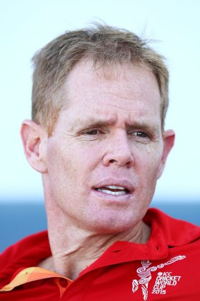 Shaun Pollock talks to the media during a South Africa nets session at Manuka Oval on Monday.