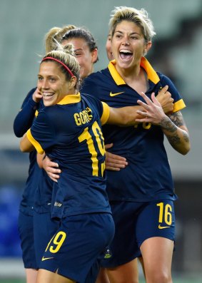 Michelle Heyman, right, celebrates scoring the first goal with Katrina Gorry, who later scored to seal the Matlidas' victory.