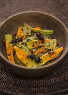 Dish of pumpkin, orange, and Santander ants salad at Barcal.