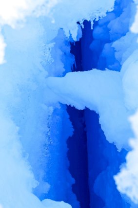 A photograph by David Wood of a crevasse on the western ice shelf fuel cache on December 28, 2015.