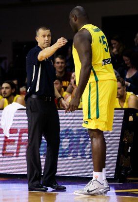Talking tactics: Boomers coach Andrej Lemanis talks to Nathan Jawai during game two against New Zealand last August in Wellington.