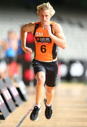 Darcy MacPherson completes the 20-metre sprint at the AFL Draft Combine.