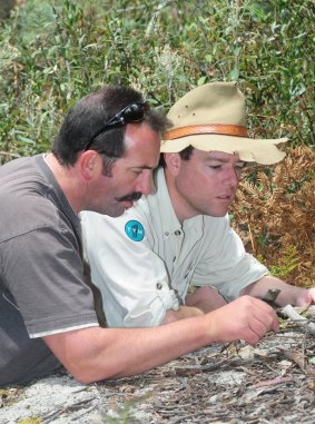 Stuart Harris shows Tim the Yowie Man the exact spot in Namadgi National Park where he discovered a new species of peacock spider.