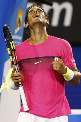 Rafael Nadal shows his relief after defeating Dudi Sela of Israel to make the fourth round of the Australian Open.