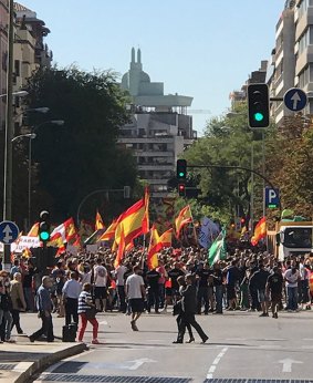Protesters are seen with Spanish flags in Madrid.