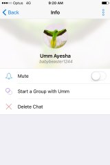 Zaynab's Kik profile, recently changed to Umm Ayesha (mother of Ayesha) and a green bird, which is a common symbol used for martyrs. 