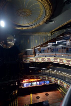 The tiered balconies inside the Palace Theatre.