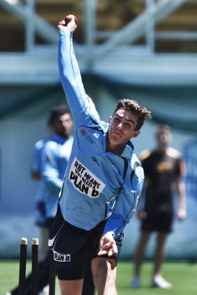 Back in the nets: Sean Abbott at the SCG on Monday.
