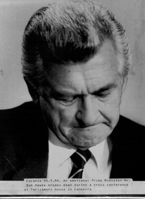 Bob Hawke breaks down during a press conference in Canberra in 1984. His daughters' struggles with drugs were viewed more sympathetically when he and then wife Hazel spoke out.