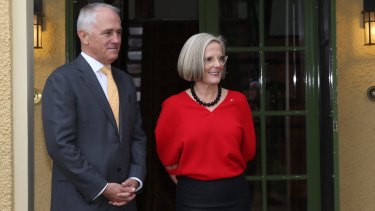 Prime Minister Malcolm Turnbull, with  Lucy Turnbull at a morning tea for theAustralian of the Year finalists at The Lodge in Canberra on Monday. The PM has so far skilfully repelled the challenge of aggrieved right wingers.
