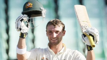 Great talent: Phillip Hughes celebrates after scoring his second Test century at Durban in 2009.
