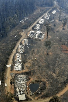 A burnt-out street near Marysville the day after Black Saturday.