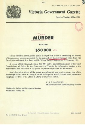 A reward for information in the case of Joy Carmel Summers published in the Victorian Government Gazette in May 1982. Now a new award offer of $1 million is being made.