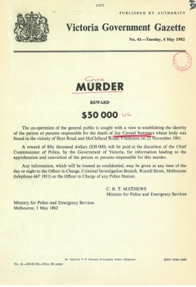 A reward for information in the case of Joy Carmel Summers published in the Victorian Government Gazette in May 1982. Now a new award offer of $1 million is being made.